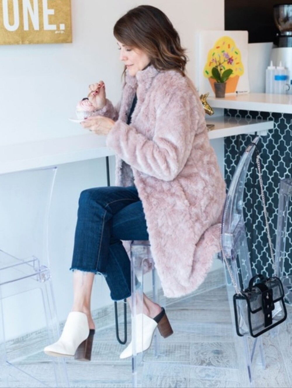 Cabi Contessa Faux Fur Longline Coat Jacket Pink Quartz Small